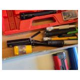 Assorted Hand Tools and Flashlights including Claw Hammer, Utility Knife, and Bit Driver Set