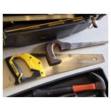Toolbox with Assorted Hand Tools including Hammer, Saws, Screwdriver, and Level