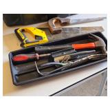 Toolbox with Assorted Hand Tools including Hammer, Saws, Screwdriver, and Level