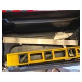 Toolbox with Assorted Hand Tools including Hammer, Saws, Screwdriver, and Level