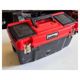 Toolbox with Assorted Hand Tools including Hammer, Saws, Screwdriver, and Level