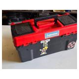 Toolbox with Assorted Hand Tools including Hammer, Saws, Screwdriver, and Level