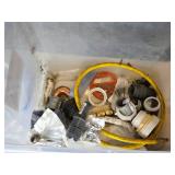 Plumbing and Hardware Tools and Supplies including Washing Machine Hose, Water Heater Connector, and Various Fittings