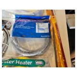 Plumbing and Hardware Tools and Supplies including Washing Machine Hose, Water Heater Connector, and Various Fittings
