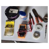 Electrical Tools and Supplies including Klein Tools Multimeter, Wire Strippers, and Cable Ties