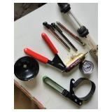 Automotive Testing Tools and Accessories including Brake Bleeder and Vacuum Pump Kit, Coolant Tester, Oil Filter Wrench and Accessories