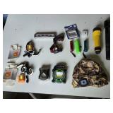 Lot of Flashlights and Headlamps Including Rechargeable LED Safety Lights, Black & Decker Work Light, and Accessories