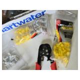 Box of Electrical Hardware and Tools including Wire Connectors, Electrical Outlets, and Crimping Tool