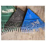 Lot of Plastic Leaf Rakes Including Blue, Red, Green, and Black Variants