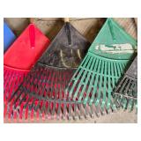 Lot of Plastic Leaf Rakes Including Blue, Red, Green, and Black Variants