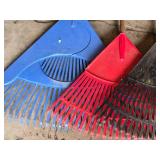 Lot of Plastic Leaf Rakes Including Blue, Red, Green, and Black Variants