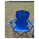 Blue and Red Folding Camp Chairs with Rubbermaid Wheeled Cooler