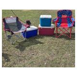 Ozark Trail and Popsicle Camping Chairs with Coleman Coolers and Drink Dispenser