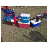 Ozark Trail and Popsicle Camping Chairs with Coleman Coolers and Drink Dispenser