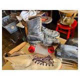 Vintage Roller Skates and Accessories Including Riedell Boots, Red Strap Skates, and Spare Wheels