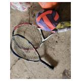 Assorted Sporting Goods Lot including Tennis Rackets, Basketballs, Volleyballs, and Footballs