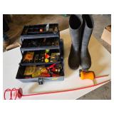Fishing Gear Lot including Abu Garcia Cardinal Bronco Reel, Tackle Box, and Rubber Boots