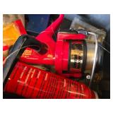 Fishing Gear Lot including Abu Garcia Cardinal Bronco Reel, Tackle Box, and Rubber Boots