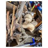Shopping Cart full Sticks (some carved), Driftwood, and Hand Tools