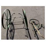 Antique 23.5' Single Wheel Push Plow and Antique Milk Cart with 35.5' Wheels Antique 23.5' Single Wheel Push Plow and Antique Milk Cart with 35.5' Wheels