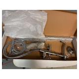 Free Standing Brushed Nickel Tub Faucet with Hand Shower. Never installed. In original box. Free Standing Brushed Nickel Tub Faucet with Hand Shower. Never installed. In original box.