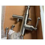 Free Standing Brushed Nickel Tub Faucet with Hand Shower. Never installed. In original box. Free Standing Brushed Nickel Tub Faucet with Hand Shower. Never installed. In original box.
