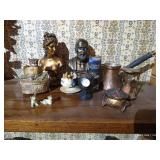 Misc. Decor Lot - Figurines, Engraved Coffee Pot with Handle, Etc.
