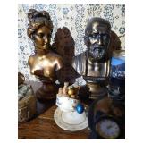 Misc. Decor Lot - Figurines, Engraved Coffee Pot with Handle, Etc.