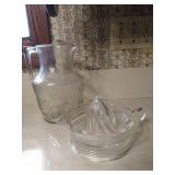 1910s - 1920s Early American Glass Pitcher "Rib Over Drape" Pattern & 1930s Lemon Juicer "Criss Cross" Pattern