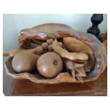 Wooden Basket with Wooden Fruit, Plates, & Trays