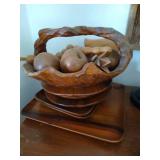 Wooden Basket with Wooden Fruit, Plates, & Trays