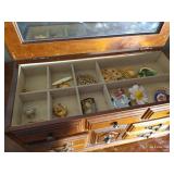 Wooden Jewelry Box & Contents