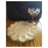 Vintage Glass Deviled Egg Plate & Footed Lotus Dish
