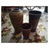 Tall Bamboo Woven Basket & (2) Metal Decorative Vases