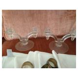 Glass Candlesticks, Cloth Napkins, & (silver-plated?) Napkin Rings