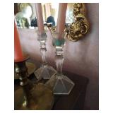 (2) Brass Candlesticks with Snuffers, Cut Glass Lamp, & (2) Glass Candlesticks