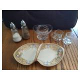 Hand-Painted Dish from Silesia, Fostoria Top Hat Toothpick Holder, Etched Glass S&P Shakers, & Small Glass Mugs