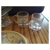 Hand-Painted Dish from Silesia, Fostoria Top Hat Toothpick Holder, Etched Glass S&P Shakers, & Small Glass Mugs