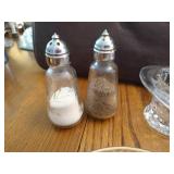 Hand-Painted Dish from Silesia, Fostoria Top Hat Toothpick Holder, Etched Glass S&P Shakers, & Small Glass Mugs