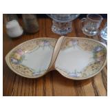 Hand-Painted Dish from Silesia, Fostoria Top Hat Toothpick Holder, Etched Glass S&P Shakers, & Small Glass Mugs