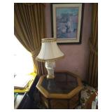 Octagonal Glass-Topped Occasional Table, Glass Lamp, & Framed Wall Art