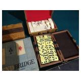 Vintage Game Lot - Cribbage, (2) Dominoes, Auto Bridge, & Play and Defend Bridge