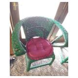 (2) Green Wicker Chairs with Cushions & Footstool with Cushion