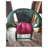 (2) Green Wicker Chairs with Cushions & Footstool with Cushion