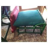 (2) Green Wicker Chairs with Cushions & Footstool with Cushion