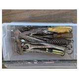 Tote of Mixed Hand Tools - Wrenches/Snips/Screwdrivers and Pry Bar
