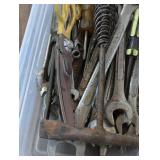Tote of Mixed Hand Tools - Wrenches/Snips/Screwdrivers and Pry Bar