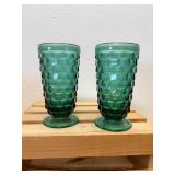 Pair Mid-Cent 6" Teal Whitehall Colony Indiana Glass Cubist Footed Ice Tea Glasses - Very hard to find