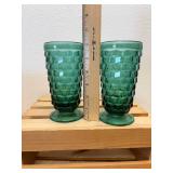Pair Mid-Cent 6" Teal Whitehall Colony Indiana Glass Cubist Footed Ice Tea Glasses - Very hard to find