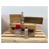 (5) Antique Packaging Bottles and Wood Boxes